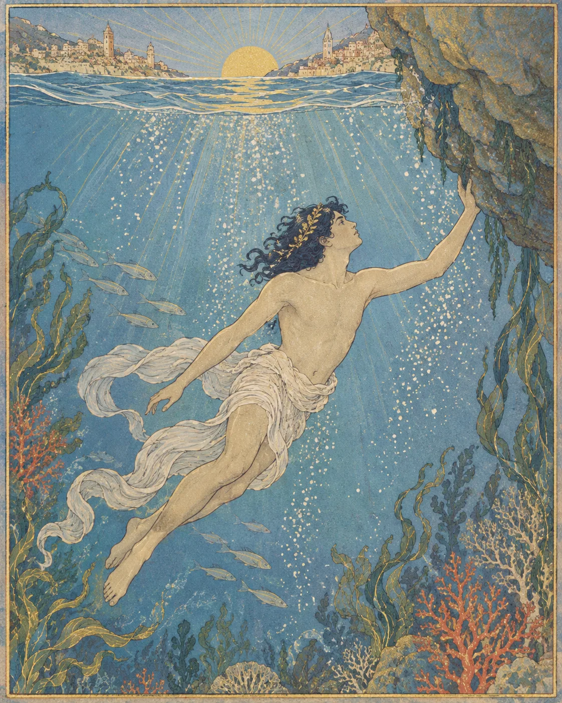 Illustrazione in stile Art Nouveau della leggenda di Colapesce nello Stretto di Messina