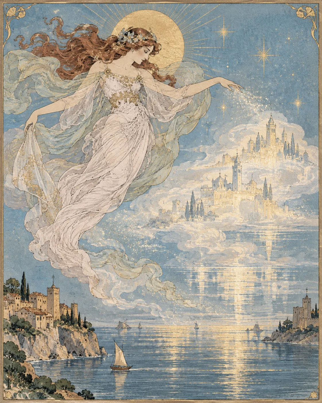 Illustrazione in stile Art Nouveau della Fata Morgana sullo Stretto di Messina
