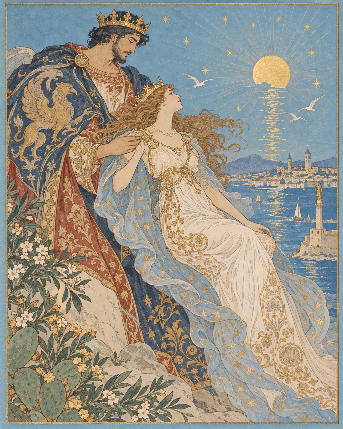 Illustrazione in stile Art Nouveau di Mata e Grifone sullo Stretto di Messina