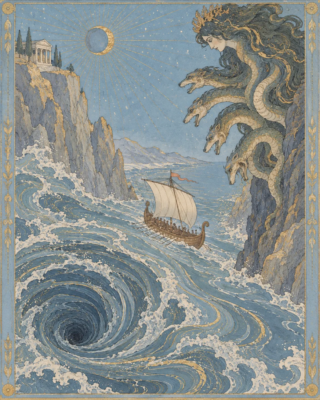Illustrazione in stile Art Nouveau del mito di Scilla e Cariddi nello Stretto di Messina